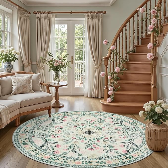 Round Area Rug for Living Room: 6 ft Floral Washable Circle Rug Soft Non-Slip - Image 2