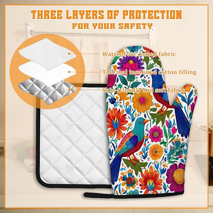 Colorful Bird Oven Mitts and Pot Holders, Flowers Mexican Style Heat Resistant - Image 3