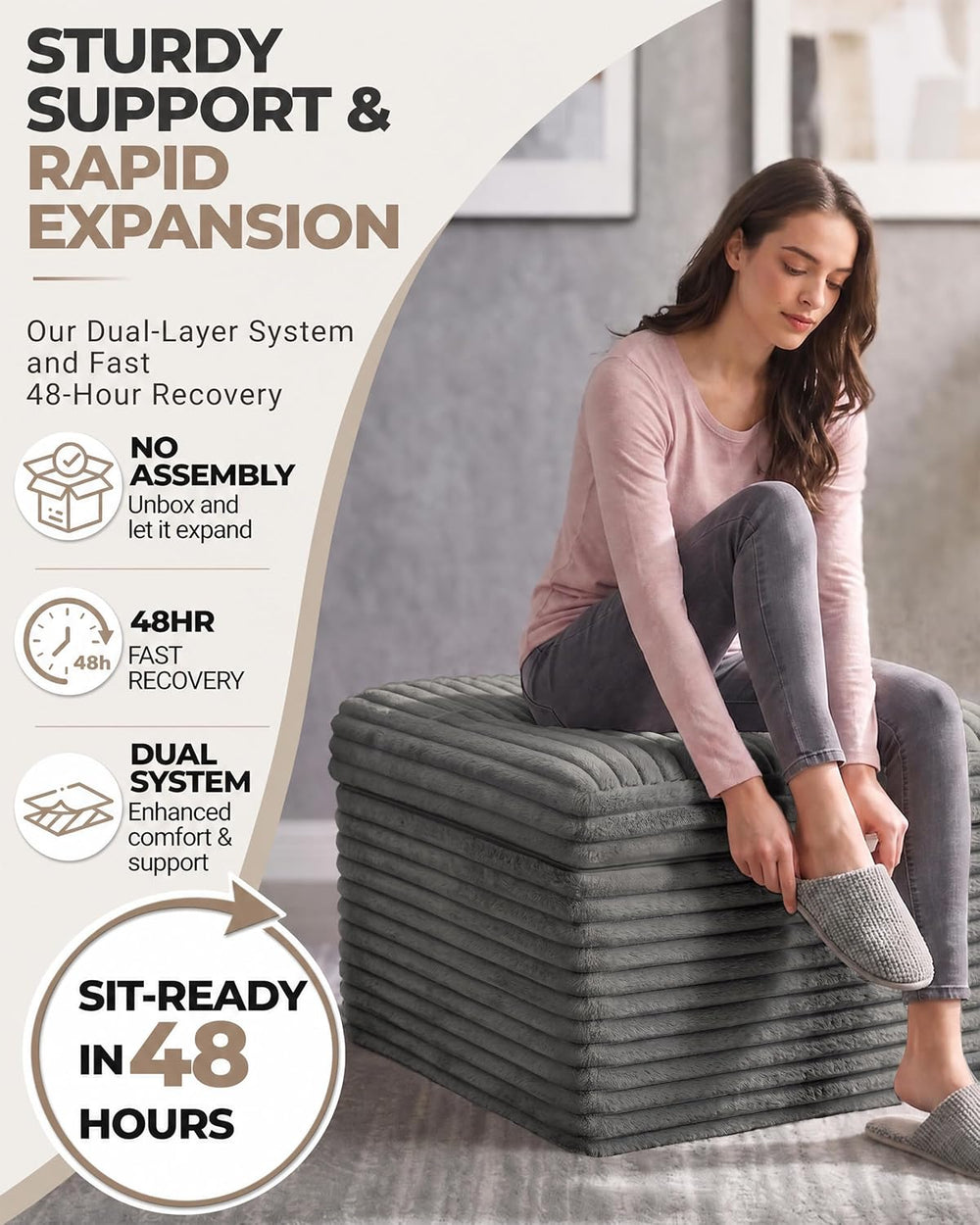 23.6in Pouf Ottoman, Corduroy Footstool Foot Rest Floor Seating