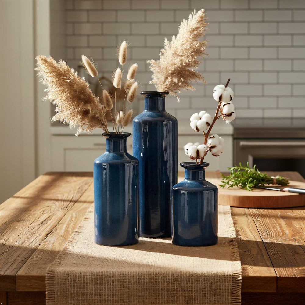 Mowtanco Blue Ceramic Vases Home Decor, 3 Small Modern Farmhouse Vases