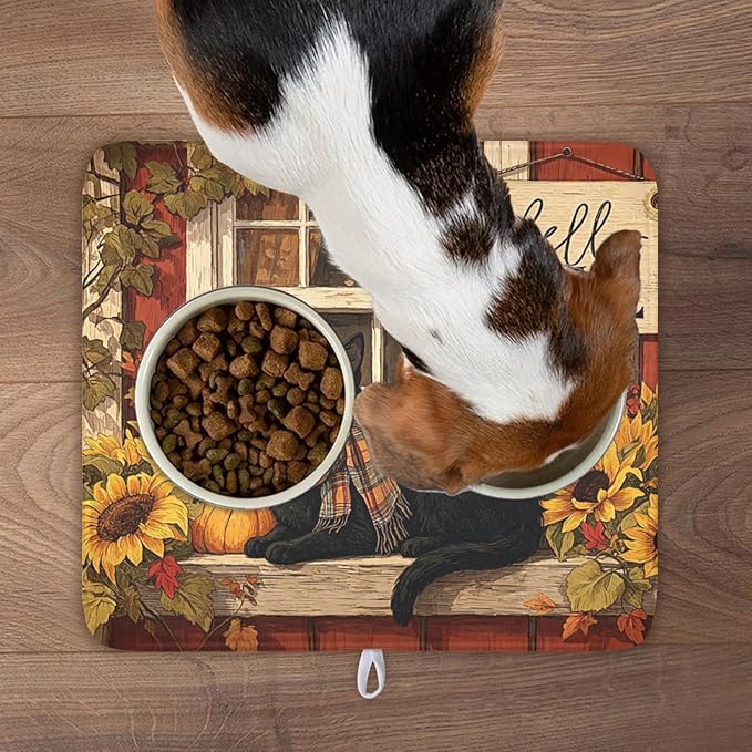 Fall Dish Drying Mat for Kitchen Counter Vintage Autumn Cat Sunflower Pumpkin - Image 9