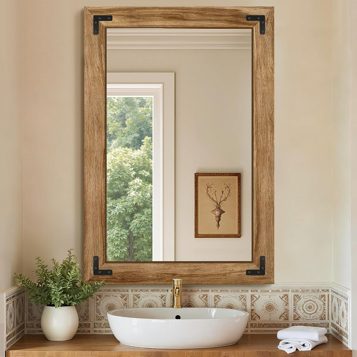 bathroom mirror for wall, 26" x 38" wooden, main product view