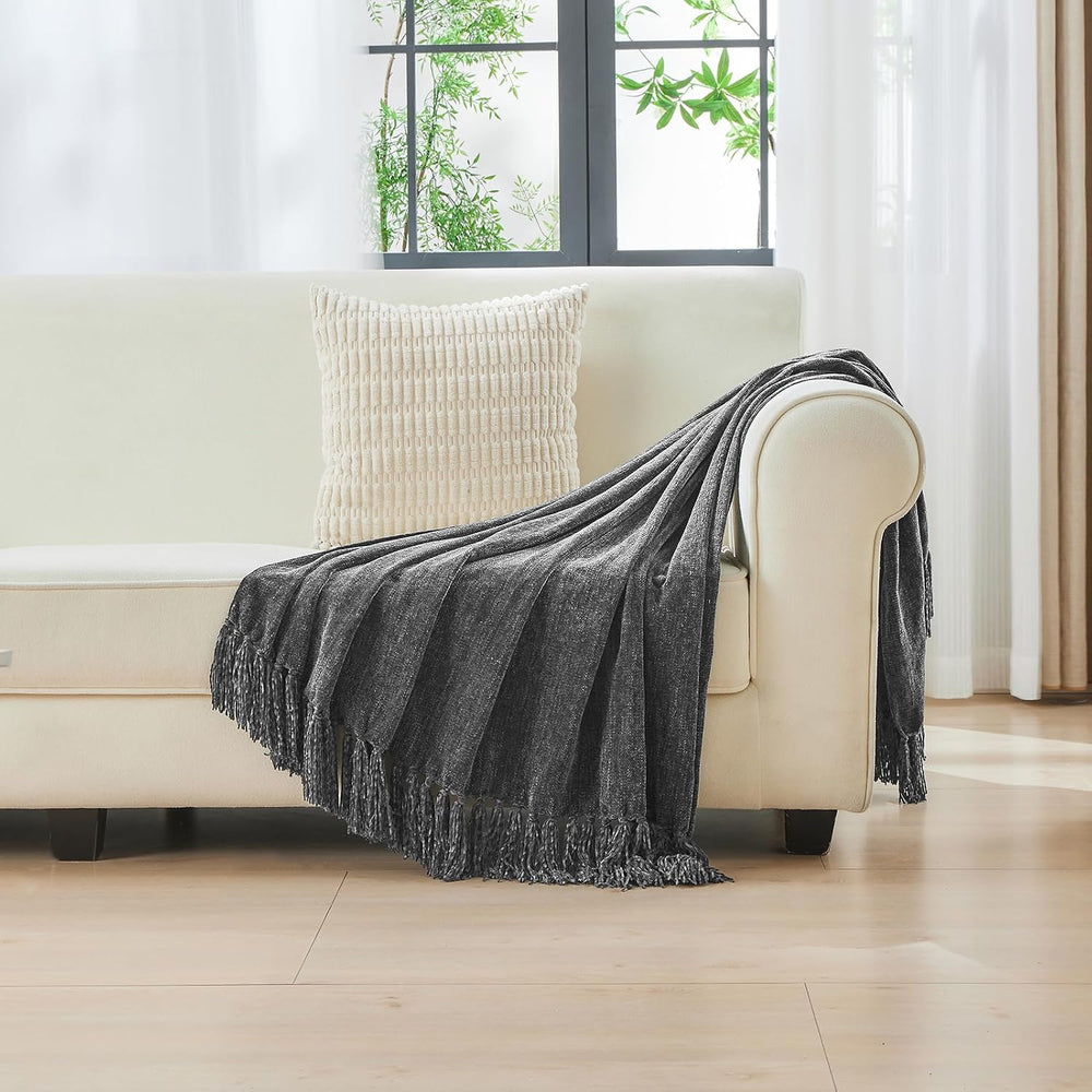 CozeCube Chenille Throw Blanket, Charcoal Grey Fringe Blanket, 50"X60"