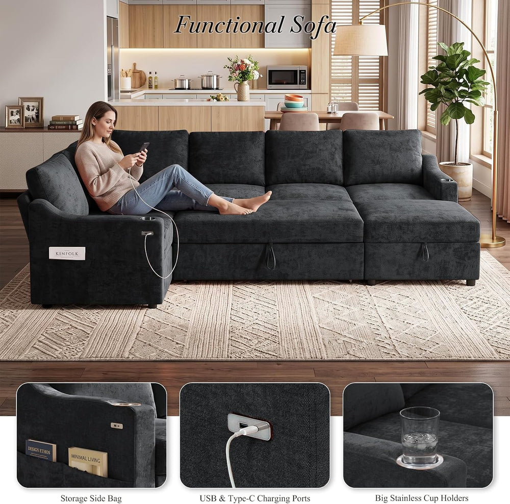 116" Chenille Modular Sofa Bed w/Adjustable Backrests, Black