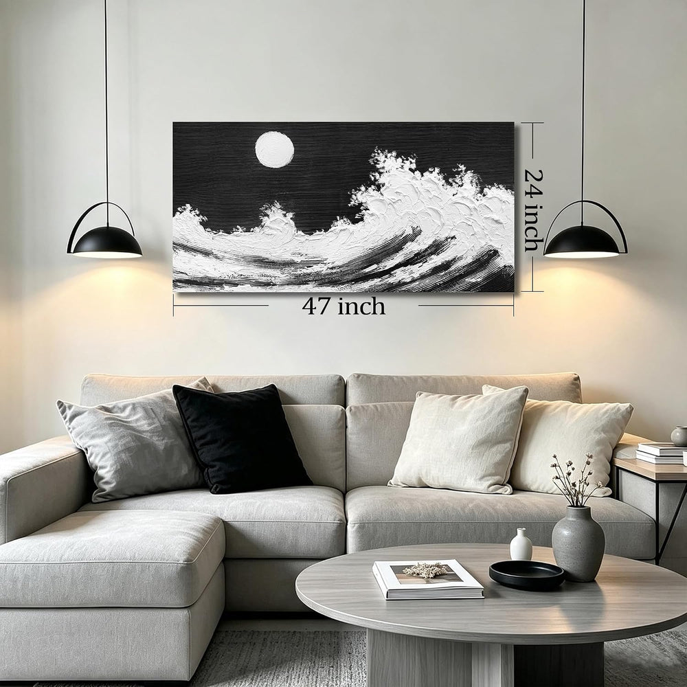 HUBOSKN Wave Painting Wall Art for Office Black White Decor for Bedroom 24 X ...