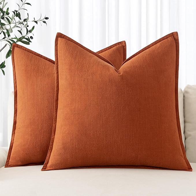 MIULEE Decorative Linen Pillow Covers 18x18 Inch Burnt Orange ​Boho Farmhouse​ by MIULEE