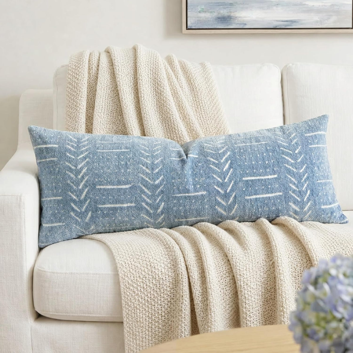 decorative long pillow cover 14x36 blue woven chenille, main product view