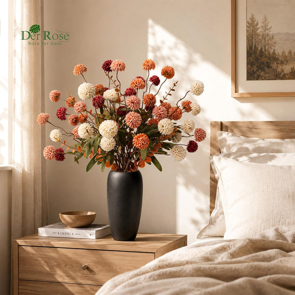 Der Rose Fall Artificial Flowers with Vase, 18 Pcs Silk Mums for Home Decor