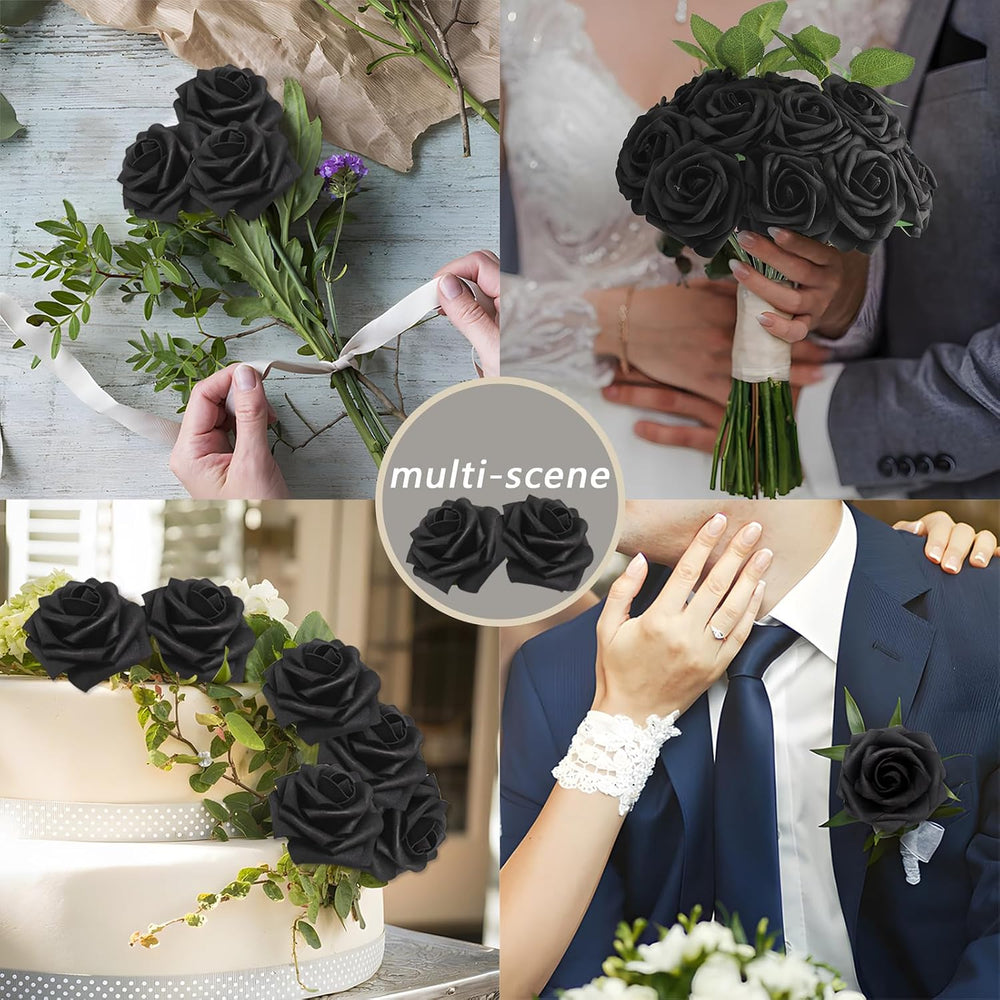 100PCS Black Realistic Roses - Artificial Latex Foam Flowers with Bendable St...
