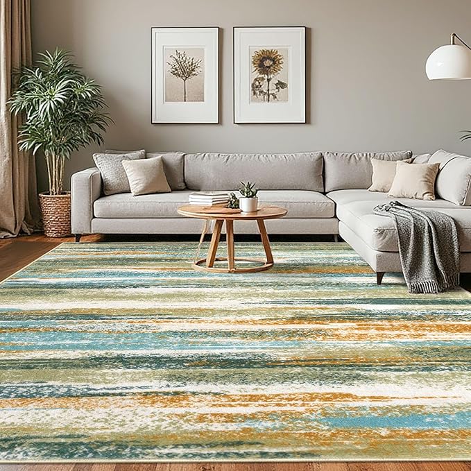Lansny Modern Abstract 8x10 Large Machine Washable Living Room Rug Non-Slip by lansny