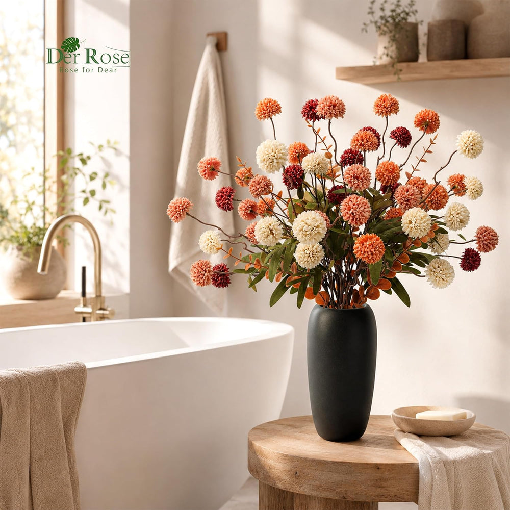 Der Rose Fall Artificial Flowers with Vase, 18 Pcs Silk Mums for Home Decor