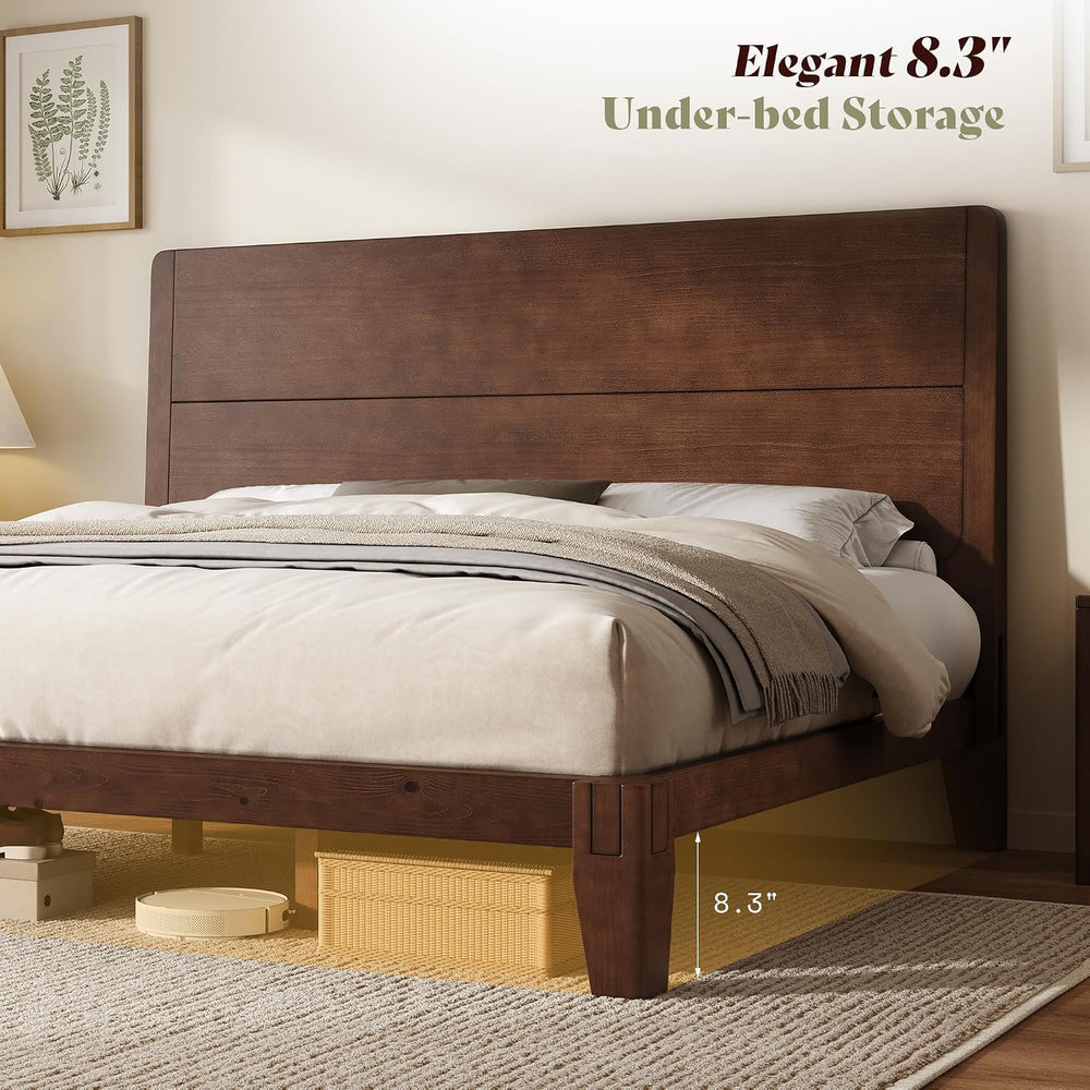 AMERLIFE Solid Wood Queen Bed Frame with Headboard, Japanese Joinery,Walnut