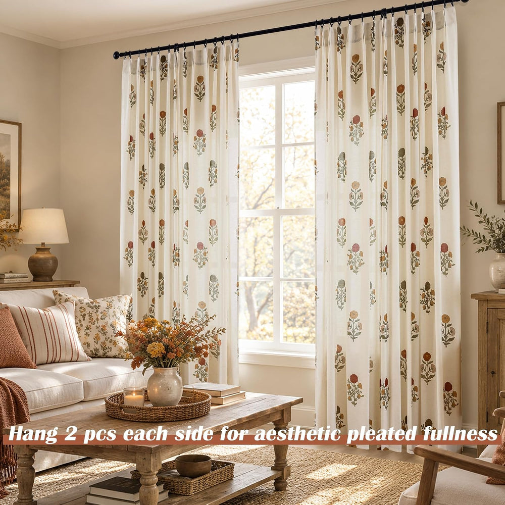 Pinch Pleated Fall Floral Curtains for Living Room, Burnt Orange and Green Li...