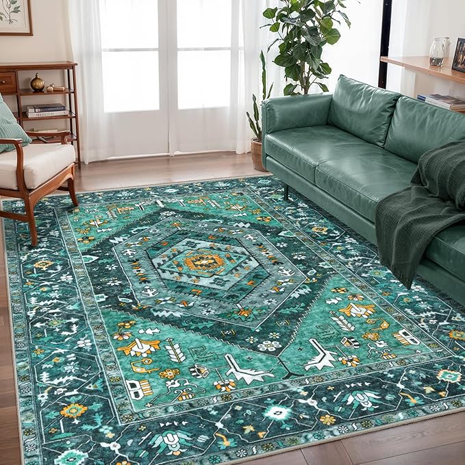 SERISSA Boho Area Rug 5x7 Teal, Washable Large Rugs by SERISSAHomeDecorCollection