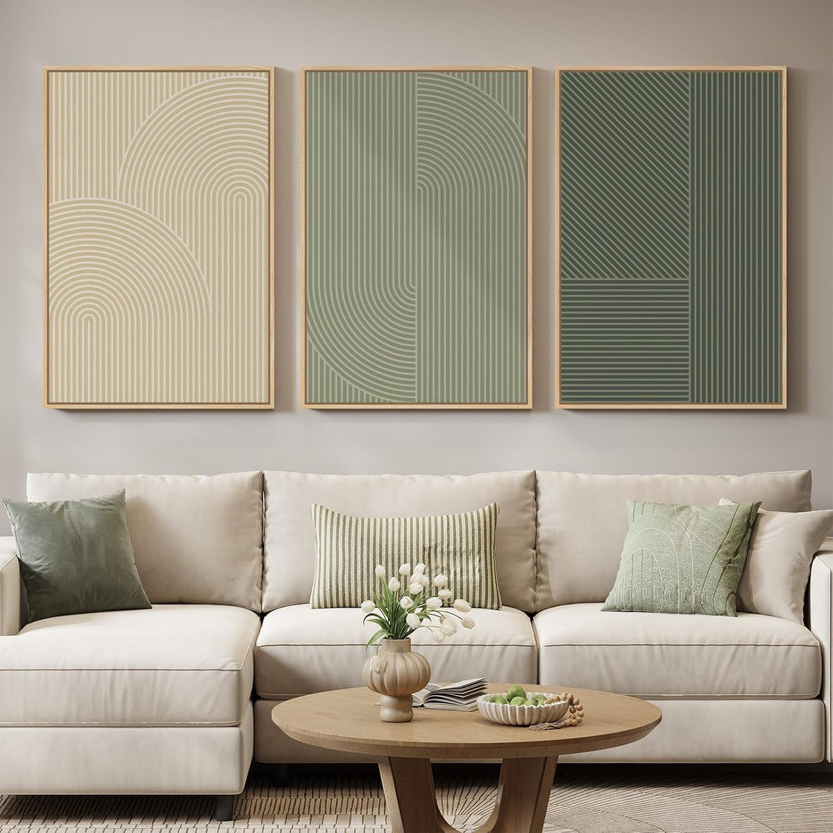 large framed green neutral beige abstract wall art, main product view