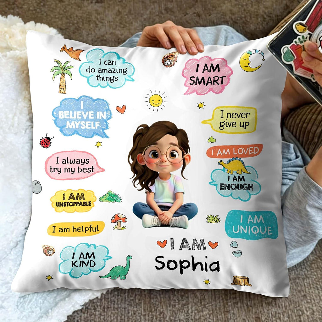 Personalized Affirmation Pillow Cover for Kids, Custom Character & Name Decorative Cushion, “I Believe in Myself” Positive Quotes, Cute Playroom Bedroom Decor for Back to School