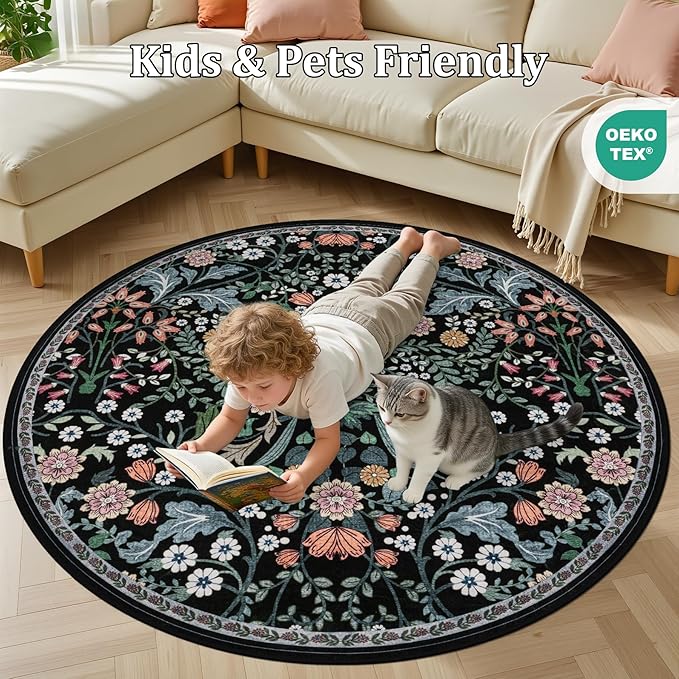 Round Area Rug for Living Room: 6 ft Floral Washable Circle Rug Soft Boho - Image 8