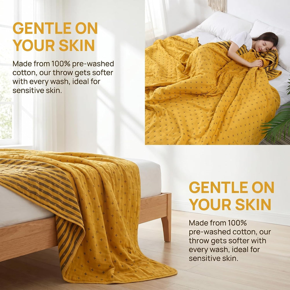 SANACYNA Cotton Muslin Blankets for Adults King 6-Layer Gauze Yellow
