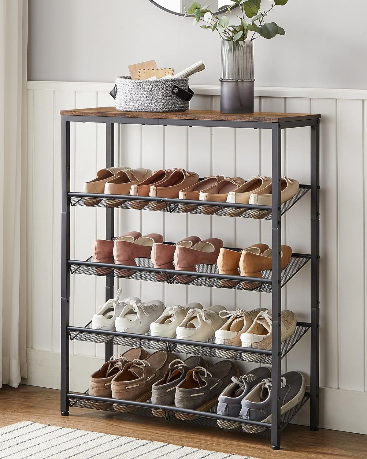 VASAGLE Shoe Rack for Entryway, 5-Tier Shoe Rack Organizer with Storage Shelves and Spacious Top, Freestanding, Adjustable, Industrial, Rustic Brown and Ink Black ULBS038B01