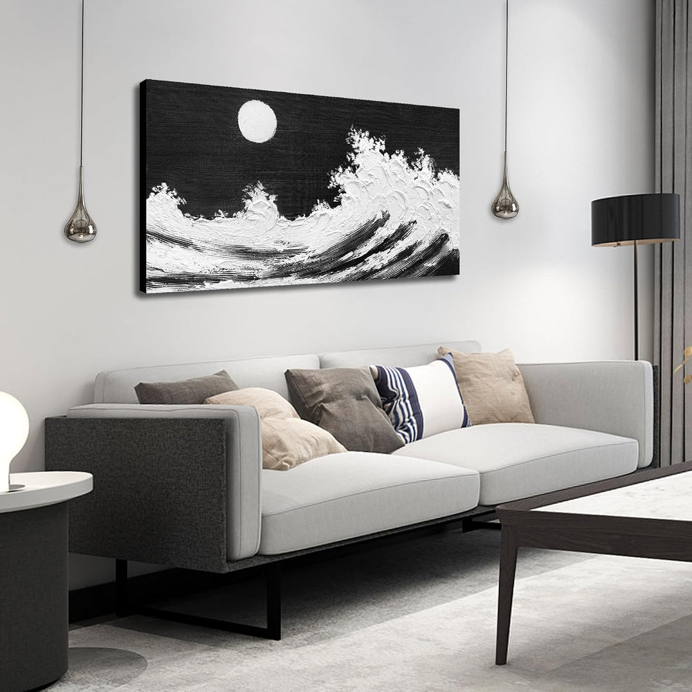 HUBOSKN Wave Painting Wall Art for Office Black White Decor for Bedroom 24 X ...