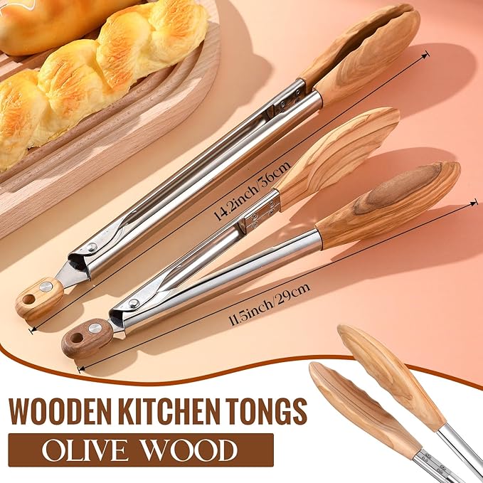 Baderke 2 Pcs Olive Wooden Kitchen Tongs - Image 3