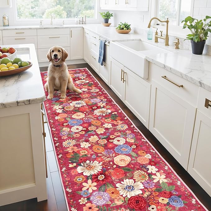 Floral Hallway Runner Carpet Non-Slip, 2x10 Washable Rug Ultra-Thin Soft by WelcometoBabovid