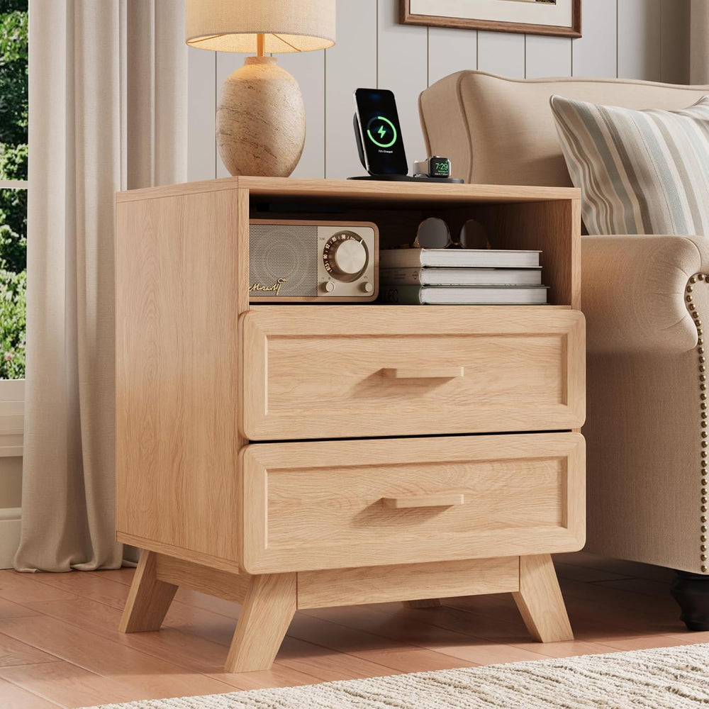 YANSNWO Natural Nightstand with Charging Station, 23.6" Tall Bedside Table