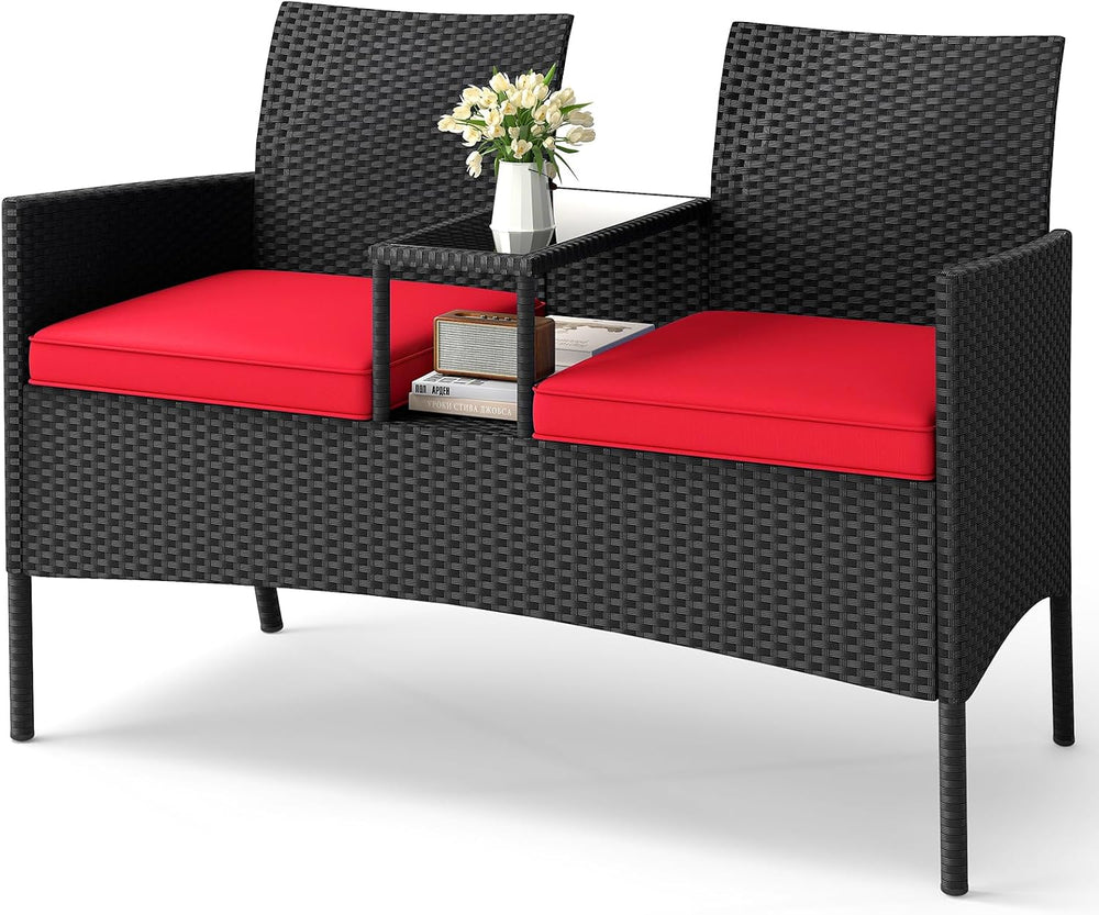 Tangkula Patio Loveseat with Built-in Table, Wicker 2-Seat Furniture with Sof...