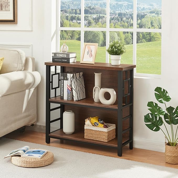 HOMISSUE Book Shelf, 3 Tier Small Bookshelf with Storage, Engineered Wood and Metal Shelf Bookcase, Low Short Bookcases for Small Space, Living Room, Bedroom, Office, Rustic Brown