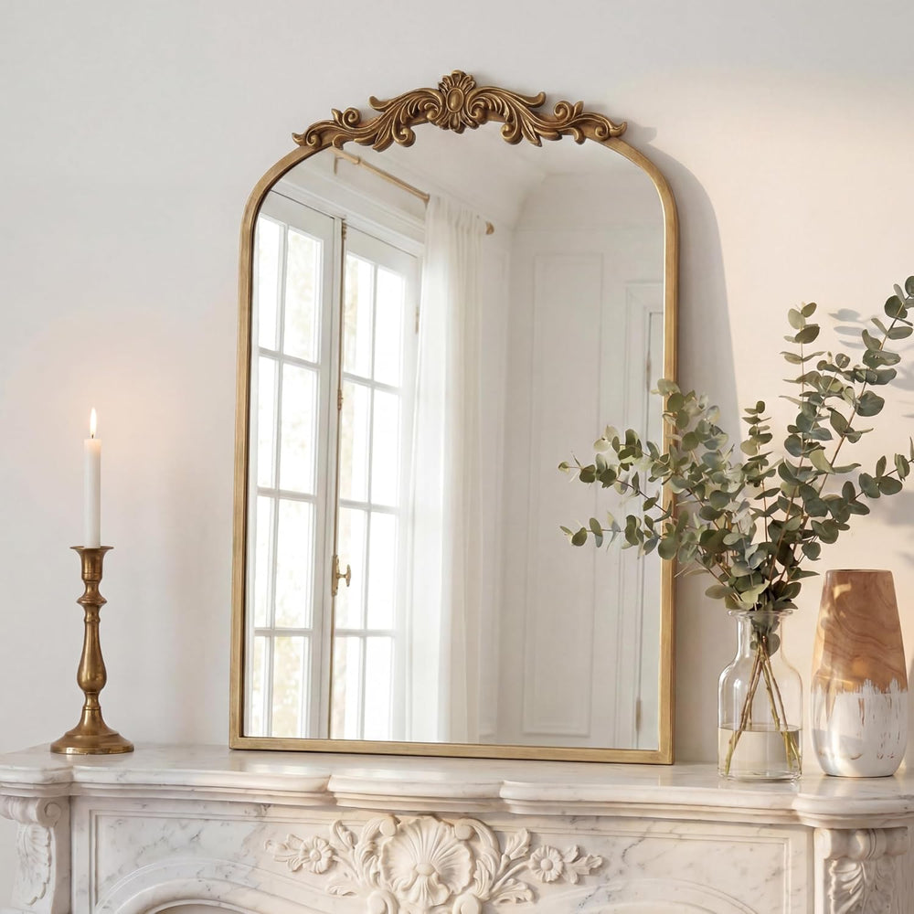 Vintage Mirror, 35" X 24" Gold Arched Antique Baroque Wall Mirror