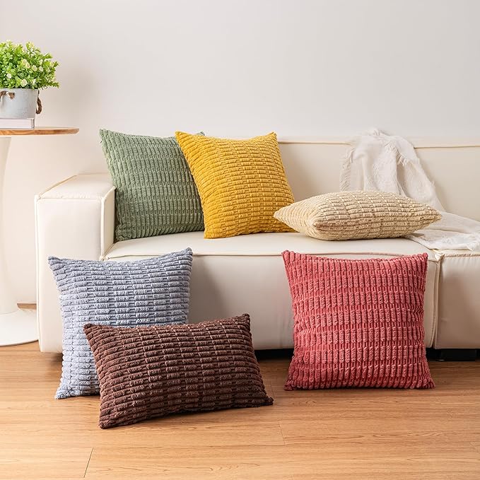 Pack of 2 Corduroy Decorative Throw Pillow Covers 18x18 InchSoft Boho Striped - Image 4