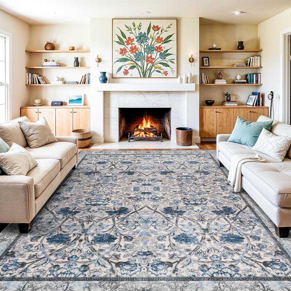 Washable Floral 10x14 Area Rugs: Vintage Rug Low Pile Non Slip Living Room