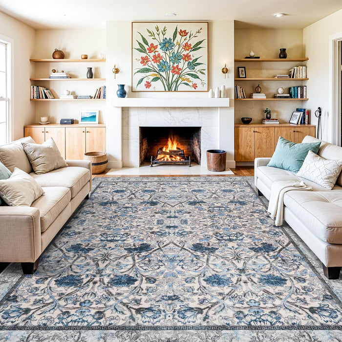 Washable Floral 10x14 Area Rugs: Vintage Rug Low Pile Non Slip Living Room
