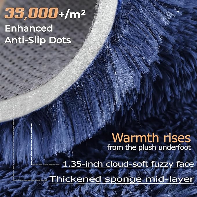 Navy Blue Round Rugs for Bedroom: 4ft Circle Fluffy Shag Soft Washable Rug - Image 2