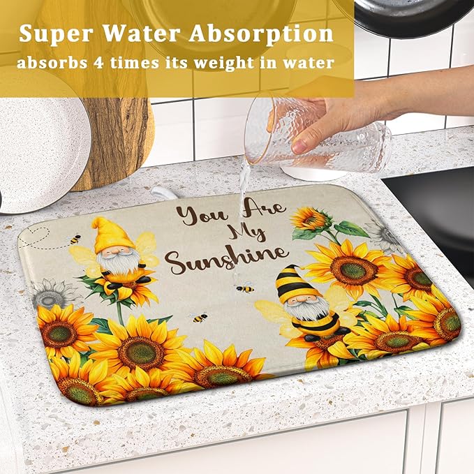 Giwawa Bee Gnomes Dish Drying Mat, Summer Sunflowers Elf Dish Drainer Mats - Image 7