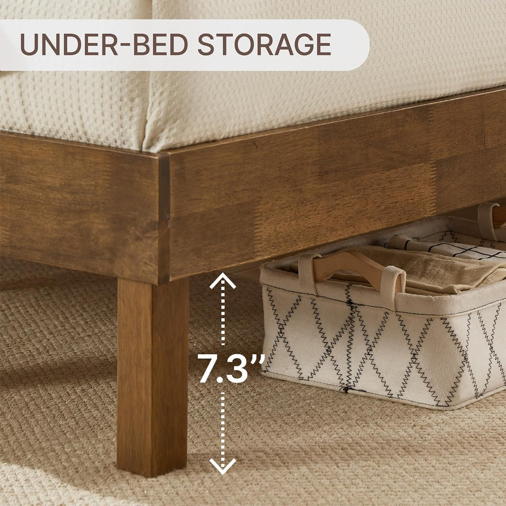 KISLOT Wood Bed Frame with Upholstered Headboard, Mid-Century Boucle Fabric P...