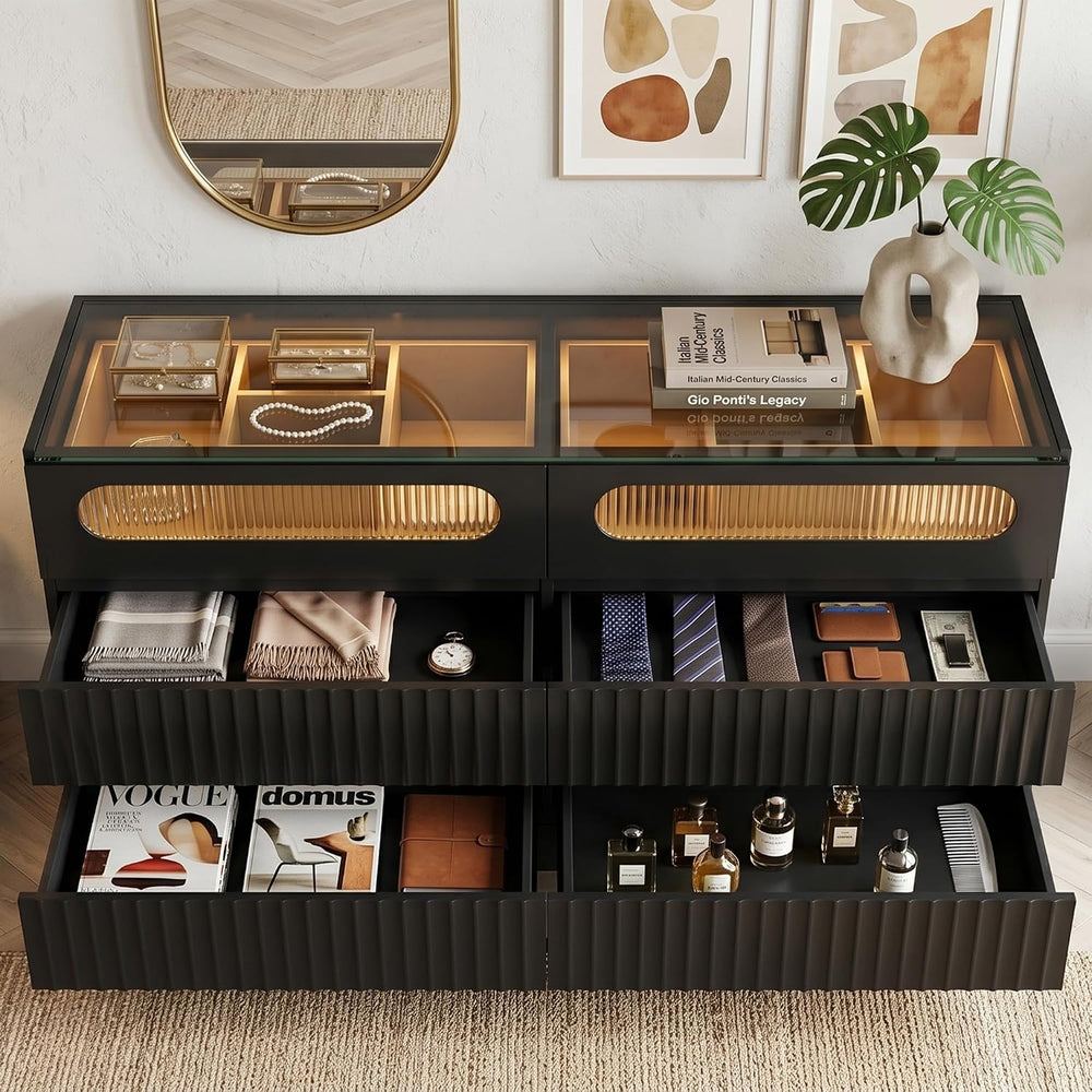 senlin Fluted 6 Drawer Dresser,Modern Chest of Drawers,Black