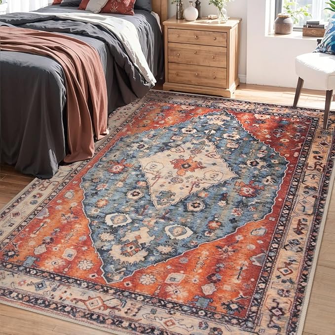 SERISSA Bedroom Rug 4x6 Boho Tribal Rug, Vintage Washable Area Rugs Non Slip by SERISSAHomeDecorCollection