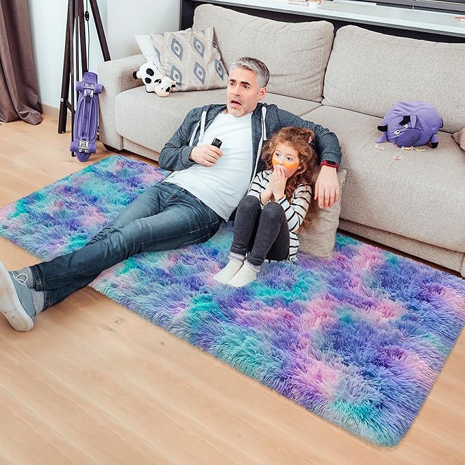 Super Soft Fluffy Living Room Area Rug 2x5 ft Purple Rainbow Tie-Dyed Shaggy - Image 3