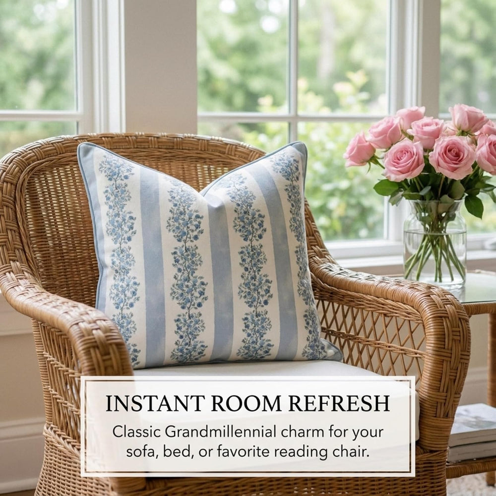 Jillien Harbor “The Juliet” Floral Block Print Pillow Cover – Soft Blue and O...