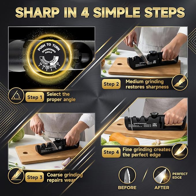 Knife Sharpener, 4-in-1 with Non-Slip Base and Adjustable Angle Guide, Steel - Image 6
