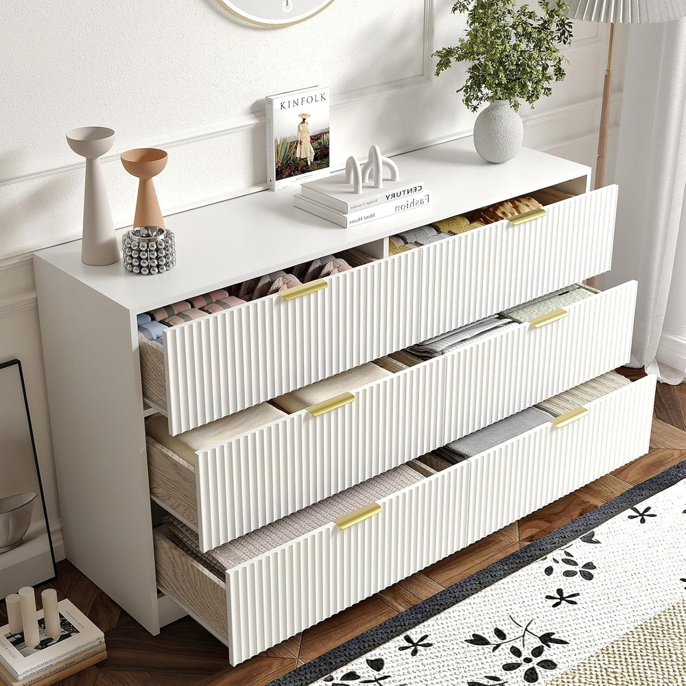 3-Piece Modern Bedroom Furniture Set, White丨6-Drawer Dresser & 1-Drawer N...