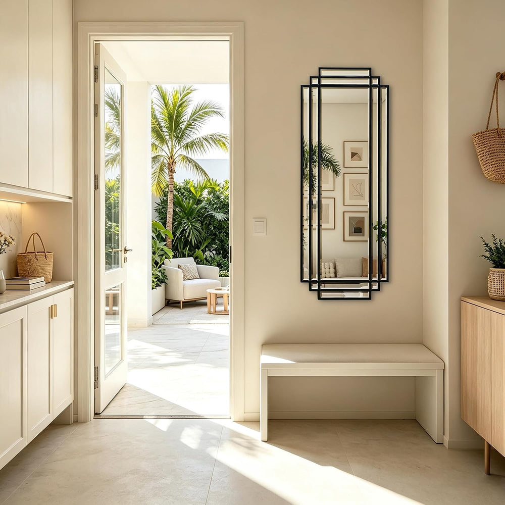 42"x16" Geometric Decorative Beveled Mirror with Black Wood Frame
