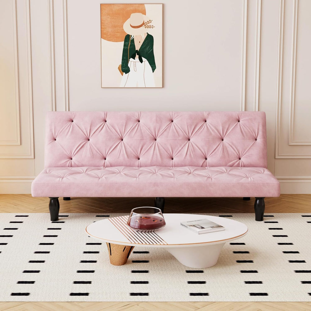 72" Pink Velvet Futon Couch Living Room Couch Bed Convertible Sleeper So...