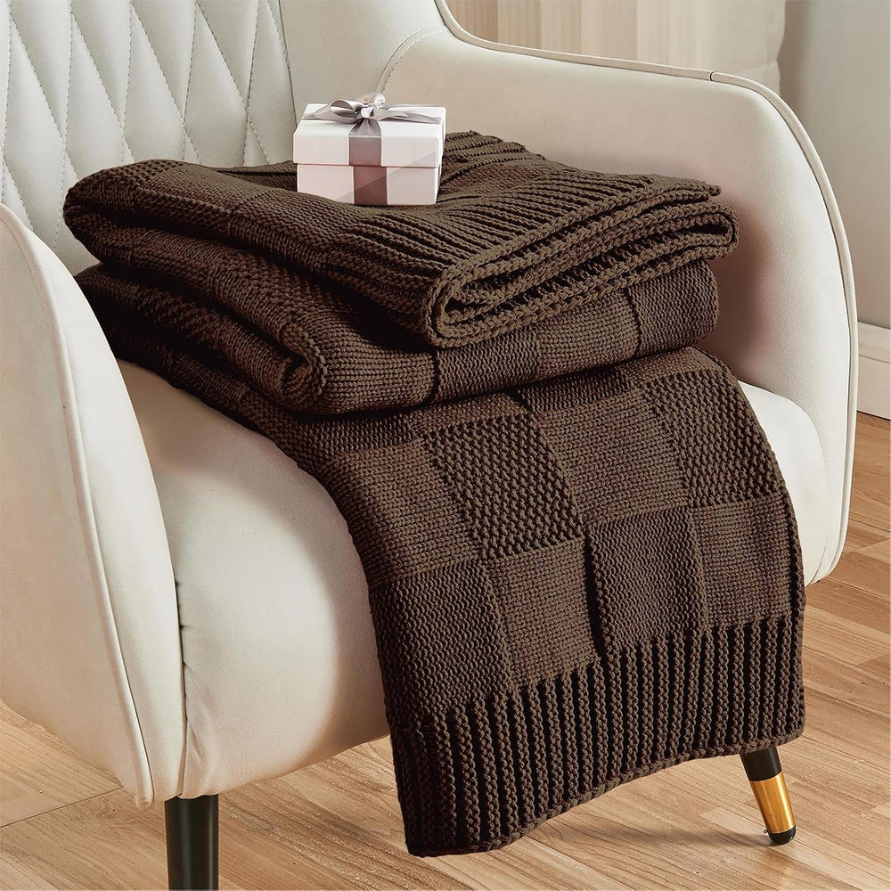 Dark Brown Knitted Checkered Throw Blanket 50"X60"