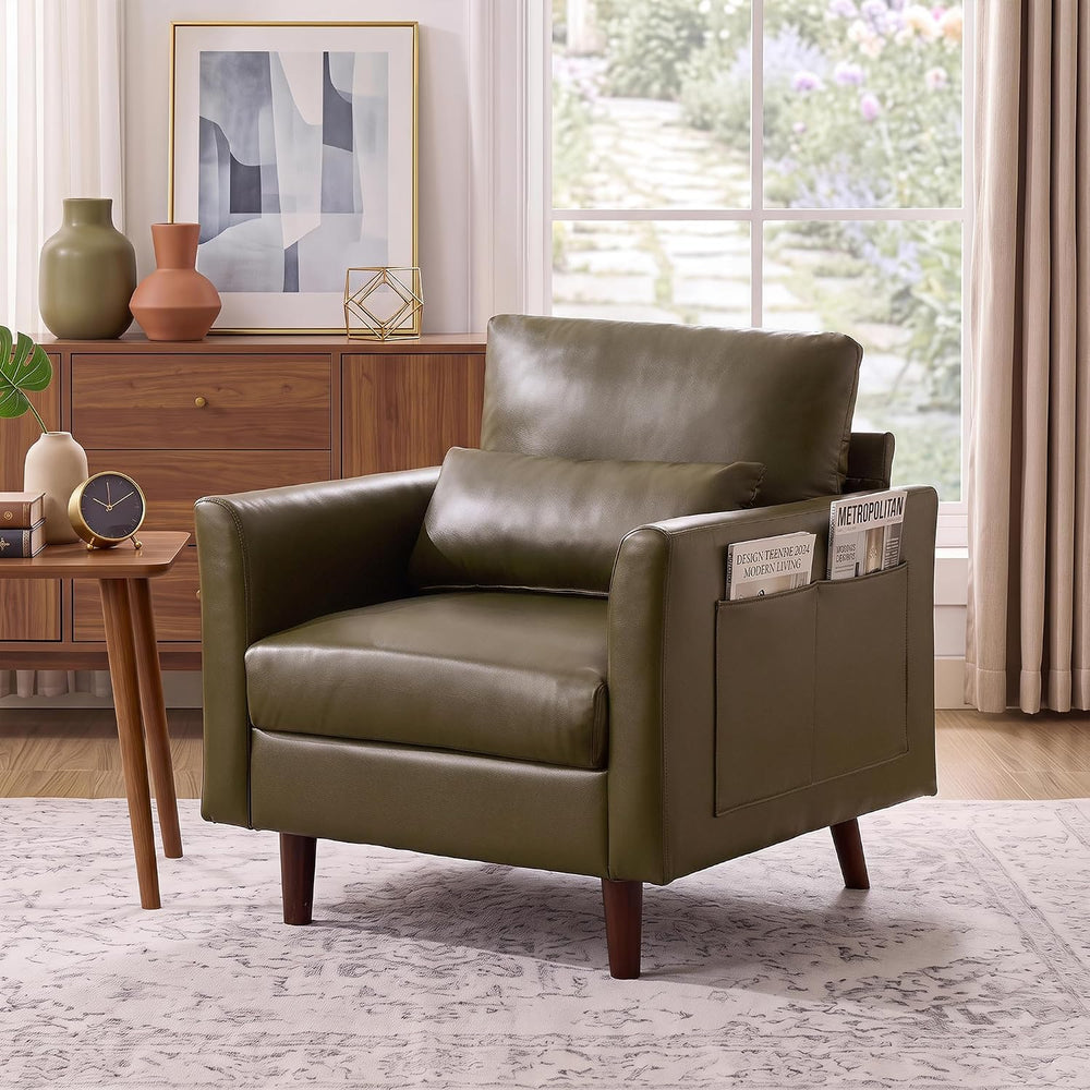 Kingfun Faux Leather Armchair Sofa with Side Pocket,Olive Green