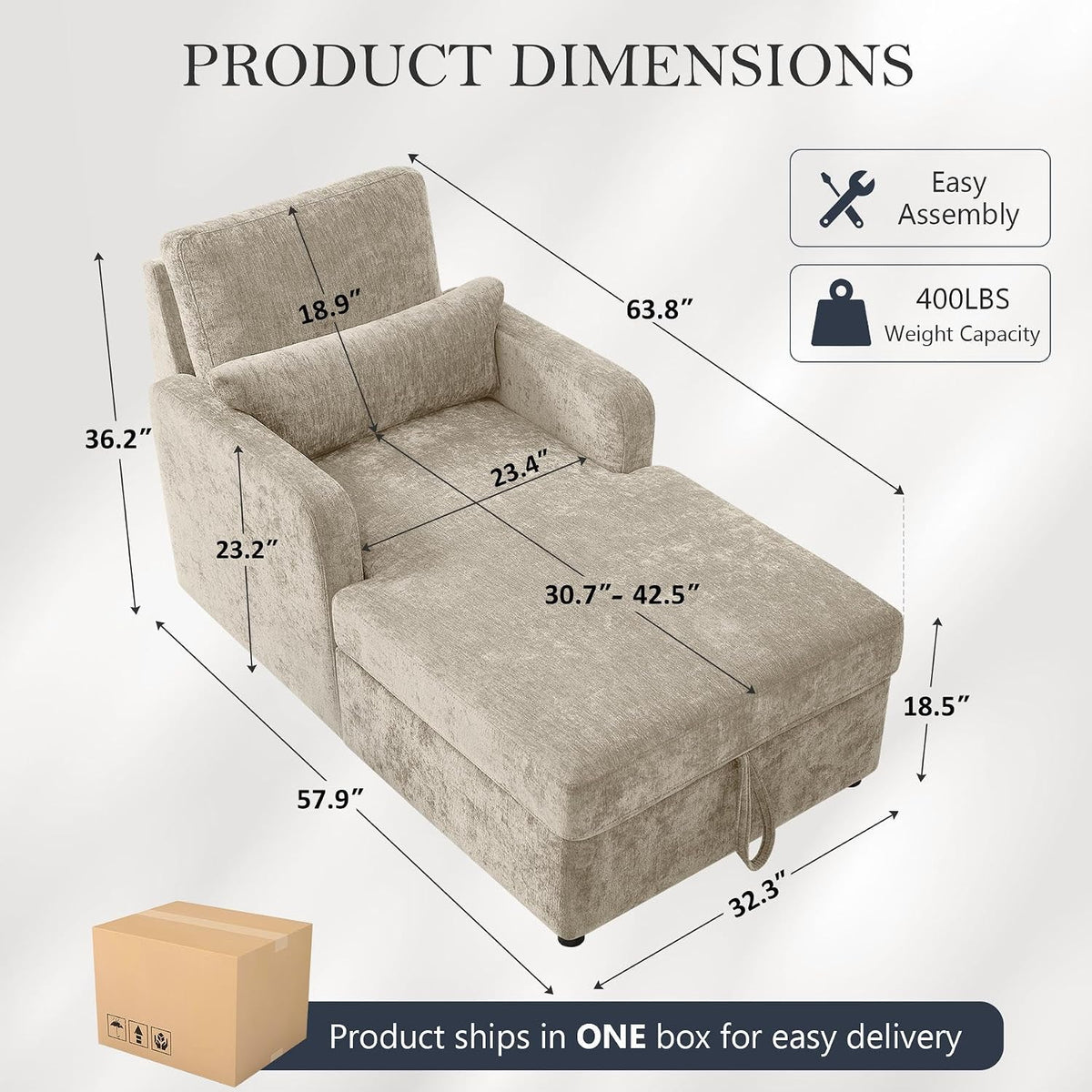 63.8" oversized chaise lounge chair with storage, chenille shown in use
