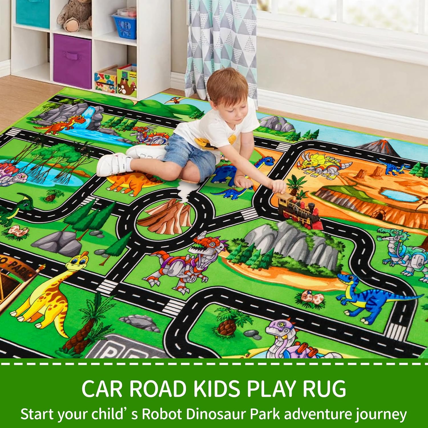 Kids Dinosaur Rug for Playroom 59" x 39.4", Dino Road Play Mat with Car Tracks, Educational Toddler Play Rug for Boys Bedroom, Robot Dinosaur Park Carpet for Toy Cars, Nursery, Classroom