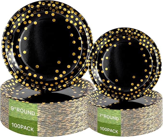 Lullaby 200PCS Black Paper Plates, Black and Gold Paper Plate, 100pcs Dinner ...