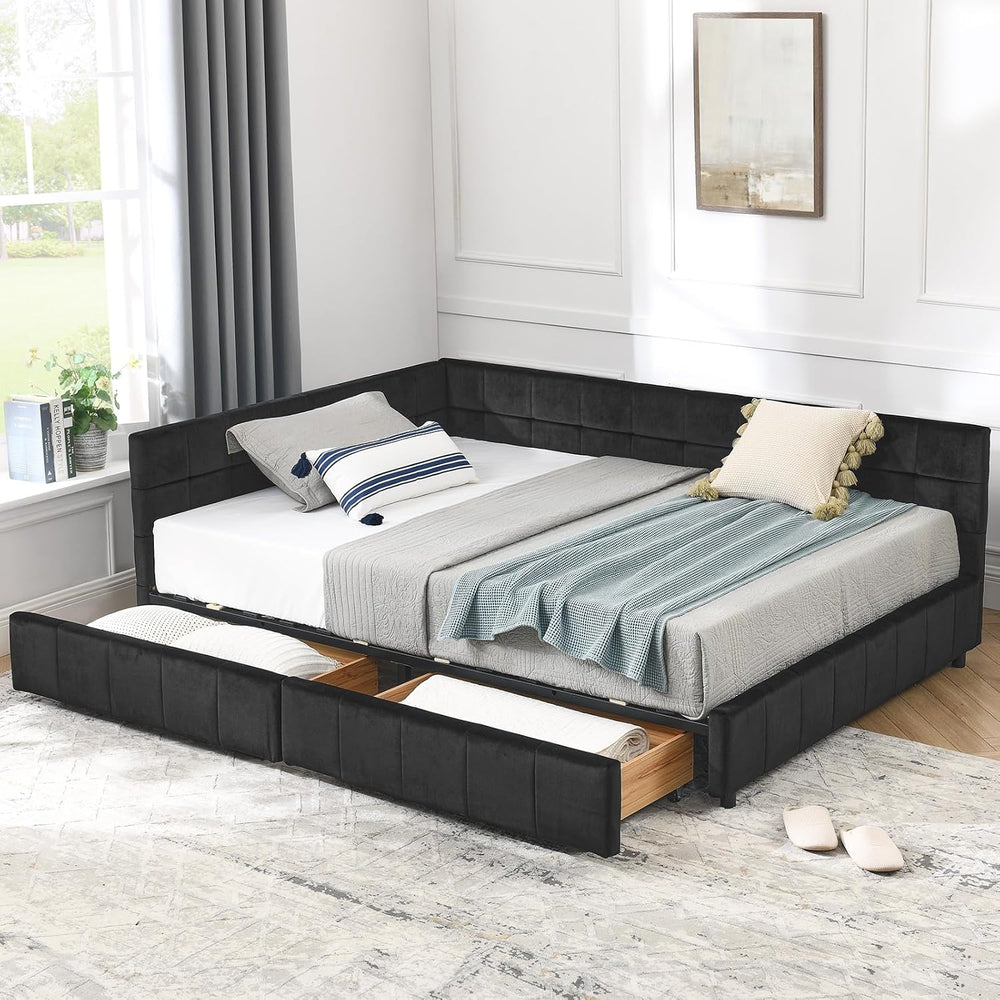 Velvet Corner Bed Frame Full, Upholstered Corner Daybed with Drawers, Full Si...